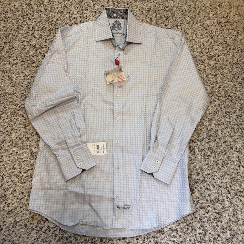 English Laundry New  Shirt 15.5 32/33 Blue Check Button Up Contrast Cuff Dress